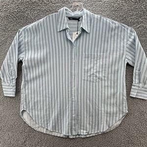 Zara Shirt Womens Large Blue Stripe Linen Blend Oversized Button Up Long Sleeve